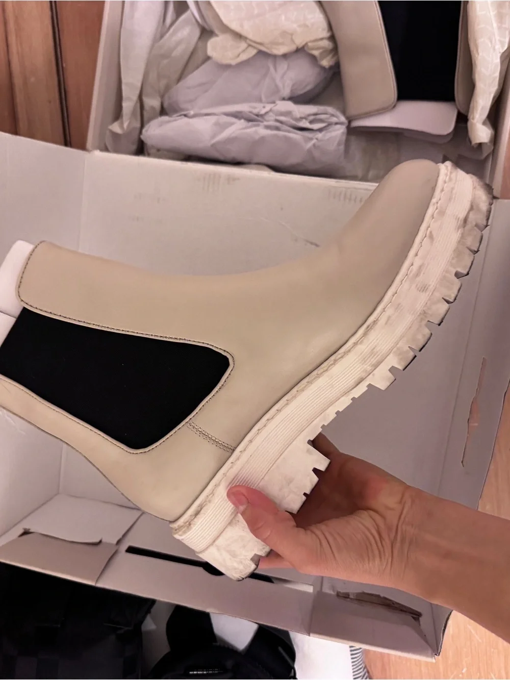 Marc Fisher Cream Chelsea Lug Sole Ankle Boots with Black Elastic
